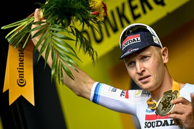 Belgian Tim Merlier of Soudal Quick-Step celebrates after winning the third stage of the 2025 Tour de France cycling, from Valenciennes to Dunkerque (178 km) on Monday 07 July 2025 in France. The 112th edition of the Tour de France starts on Saturday 5 July in Lille, France, and will finish in Paris, France on the 27th of July. JASPERxJACOBS  x128610663x