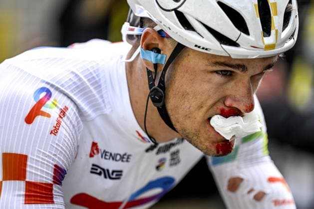 French Emilien Jeanniere of TotalEnergies pictured after the third stage of the 2025 Tour de France cycling, from Valenciennes to Dunkerque (178 km) on Monday 07 July 2025 in France. The 112th edition of the Tour de France starts on Saturday 5 July in Lille, France, and will finish in Paris, France on the 27th of July. JASPERxJACOBS  x128611048x