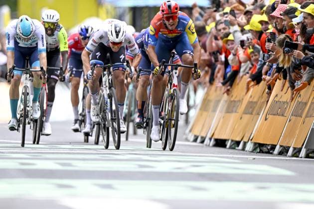 Belgian Tim Merlier of Soudal Quick-Step, Italian Jonathan Milan of Lidl-Trek and German Phil Bauhaus of Bahrain Victorious pictured in action during the third stage of the 2025 Tour de France cycling, from Valenciennes to Dunkerque (178 km) on Monday 07 July 2025 in France. The 112th edition of the Tour de France starts on Saturday 5 July in Lille, France, and will finish in Paris, France on the 27th of July. JASPERxJACOBS  x128612134x