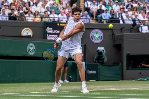 Ben Shelton during his Wimbledon 2025 Men?s Singles Round of 16 tennis match against Lorenzo Sonego at the All England Tennis Club in London, England (Richard Callis SPP) Copyright: xRichardxCallis SPPx spp-en-RiCa-SPP25_rica_07jul25_21858