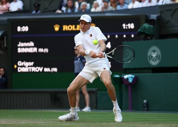 7th July 2025; All England Lawn Tennis and Croquet Club, London, England; Wimbledon Tennis Tournament, Day 8; Jannik Sinner (ITA) with a backhand shot to Grigor Dimitrov (BUL)  ActionPlus12811306 JohnxPatrickxFletcher