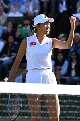 (250708) -- LONDON, July 8, 2025 -- Zhang Shuai celebrates after the mixed doubles quarter final match between Zhang Shuai (China) Marcelo Arevalo (El Salvador) and Desirae Krawczyk (USA) Olivia Gadecki (Australia) at the Wimbledon Tennis Championships in London, Britain, July 7, 2025. ) (SP)BRITAIN-LONDON-TENNIS-WIMBLEDON-MIXED DOUBLES ZhaoxDingzhe 