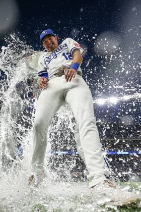 July 7, 2025: Kansas City Royals left fielder Nick Loftin (12) is doused by teammates after their victory over the Pittsburgh Pirates at Kauffman Stadium in Kansas City, MO. CSM Kansas City United States of America - ZUMAc04_ 20250707_zma_c04_028 Copyright: xDavidxSmithx