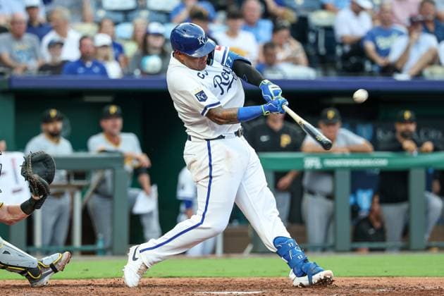 July 7, 2025: Kansas City Royals catcher Salvador Perez (13) hits a solo home run against the Pittsburgh Pirates during the fifth inning at Kauffman Stadium in Kansas City, MO. CSM Kansas City United States of America - ZUMAc04_ 20250707_zma_c04_036 Copyright: xDavidxSmithx
