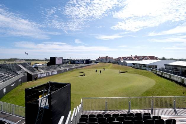 UK: The Genesis Scottish Open at The Renaissance Club, North Berwick, Scotland on 08 July 2025: Pictured: A general view of the 6th green looking towards the tee and the clubhouse. The 6th hole has been designated a stadium hole to create a fan experience and atmosphere North Berwick The Renaissance Club Scotland Copyright: xAlexxToddx