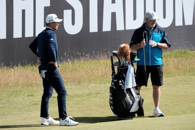 UK: The Genesis Scottish Open at The Renaissance Club, North Berwick, Scotland on 08 July 2025: Pictured: Collin Morikawa (USA) with his new caddie Billy Foster on the 6th green during a practice round at the Genesis Scottish Open 2025 at The Renaissance Club, North Berwick, Scotland North Berwick The Renaissance Club Scotland Copyright: xAlexxToddx