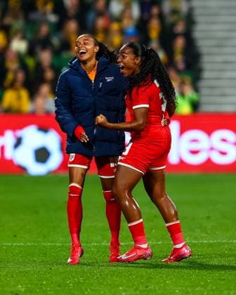 Perth, Australia, July 8th 2025: Wendy Natis (3 Panama) and Lineth Cedeno (18 Panama) celebrates after Panama scores a goal during the Women?s International Friendly, Länderspiel, Nationalmannschaft game between Australia and Panama at HBF Park in Perth, Australia. (Ramiro Larguia SPP) Copyright: xRamiroxLarguiax xSPPx spp-en-RaLaSp-AUSvsPAN0007