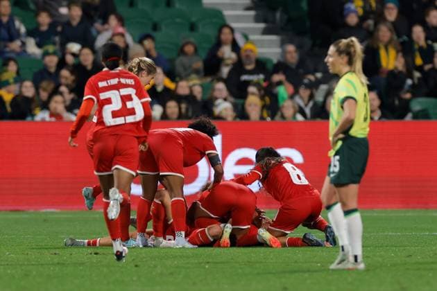 SOCCER AUSTRALIA PANAMA, Erika Arauz of Panama is congratulated by teammates after scoring a goal during Game 2 of the Women s International Friendlies soccer match between Australia and Panama at HBF Park in Perth, Tuesday, July 8, 2025. ( NO ARCHIVING, EDITORIAL USE ONLY PERTH WESTERN AUSTRALIA AUSTRALIA  Copyright: xRICHARDxWAINWRIGHTx 20250708159179249275