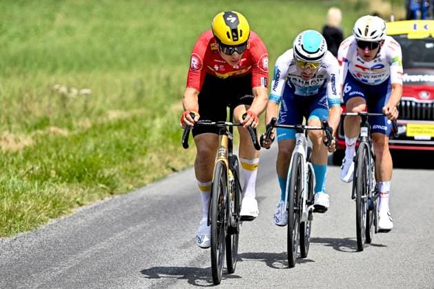 Norwegian Jonas Abrahamsen of Uno-X Mobility, French Lenny Martinez of Bahrain Victorious and French Thomas Gachignard of TotalEnergies pictured in action during the fourth stage of the 2025 Tour de France cycling, Amien Metropole - Rouen (173 km), on Tuesday 08 July 2025 in France. The 112th edition of the Tour de France starts on Saturday 5 July in Lille, France, and will finish in Paris, France on the 27th of July. POOLxJANxDExMEULENEIR  x128681429x
