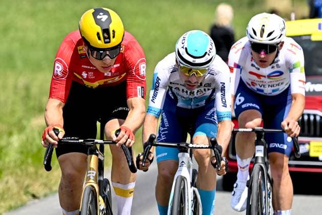 Norwegian Jonas Abrahamsen of Uno-X Mobility, French Lenny Martinez of Bahrain Victorious and French Thomas Gachignard of TotalEnergies pictured in action during the fourth stage of the 2025 Tour de France cycling, Amien Metropole - Rouen (173 km), on Tuesday 08 July 2025 in France. The 112th edition of the Tour de France starts on Saturday 5 July in Lille, France, and will finish in Paris, France on the 27th of July. POOLxJANxDExMEULENEIR  x128681443x