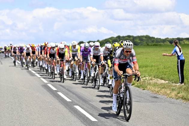 Swiss Silvan Dillier of Alpecin-Deceuninck leads the pack of riders during the fourth stage of the 2025 Tour de France cycling, Amien Metropole - Rouen (173 km), on Tuesday 08 July 2025 in France. The 112th edition of the Tour de France starts on Saturday 5 July in Lille, France, and will finish in Paris, France on the 27th of July. POOLxJANxDExMEULENEIR  x128682150x