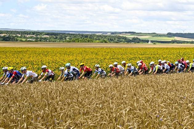 The pack of riders pictured in action during the fourth stage of the 2025 Tour de France cycling, Amien Metropole - Rouen (173 km), on Tuesday 08 July 2025 in France. The 112th edition of the Tour de France starts on Saturday 5 July in Lille, France, and will finish in Paris, France on the 27th of July. JASPERxJACOBS  x128685637x