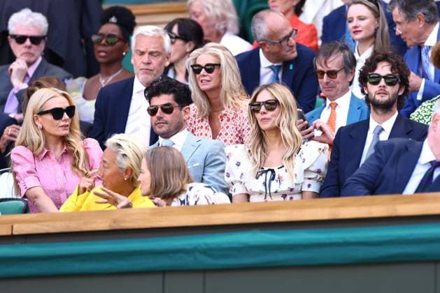 Katherine Jenkins and Andrew Levitas, Sienna Miller and Oli Green in the Royal Box on Centre Court Wimbledon Tennis Championships, Day 9, The All England Lawn Tennis and Croquet Club, London, UK - 08 Jul 2025London The All England Lawn Tennis and United Kingdom  Copyright: xJamesxMarsh Shutterstockx 15389336u