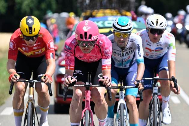 Tour de France 2025 Stage 4 ROUEN, FRANCE - JULY 08 : Asgreen Kasper (DEN) of EF Education - Easypost, Martinez Lenny (FRA) of Bahrain - Victorious, Gachignard Thomas (FRA) of Team TotalEnergies, Abrahamsen Jonas (NOR) of Uno-X Mobility during stage 4 of the 112th edition of Tour de France an UCI World Tour 2.UWT cycling road race stage for Men Elite of 173 km with start in Amiens Metropole and finish in Rouen on July 8, 2025 in Rouen, France, 08 07 2025 ( Motordriver Kenny Verfaillie - Rouen France  Copyright: xJanxDexMeuleneirx