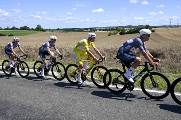 Belgian Gianni Vermeersch of Alpecin-Deceuninck, Australian Kaden Groves of Alpecin-Deceuninck, Dutch Mathieu van der Poel of Alpecin-Deceuninck and Belgian Jonas Rickaert of Alpecin-Deceuninck pictured in action during the fourth stage of the 2025 Tour de France cycling, Amien Metropole - Rouen (173 km), on Tuesday 08 July 2025 in France. The 112th edition of the Tour de France starts on Saturday 5 July in Lille, France, and will finish in Paris, France on the 27th of July. POOLxJANxDExMEULENEIR  x128692387x