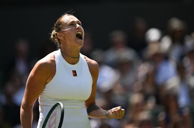 (250708) -- LONDON, July 8, 2025 -- Aryna Sabalenka celebrates scoring during the women s singles quarterfinal match between Aryna Sabalenka of Belarus and Laura Siegemund of Germany at the Wimbledon Tennis Championships in London, Britain, July 8, 2025. ) (SP)BRITAIN-LONDON-TENNIS-WIMBLEDON-WOMEN S SINGLES LixYing 