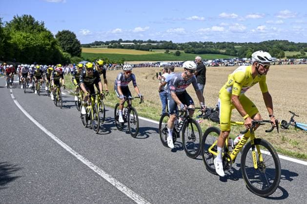Dutch Mathieu van der Poel of Alpecin-Deceuninck wearing the yellow jersey pictured in action during the fourth stage of the 2025 Tour de France cycling, Amien Metropole - Rouen (173 km), on Tuesday 08 July 2025 in France. The 112th edition of the Tour de France starts on Saturday 5 July in Lille, France, and will finish in Paris, France on the 27th of July. POOLxJANxDExMEULENEIR  x128697131x