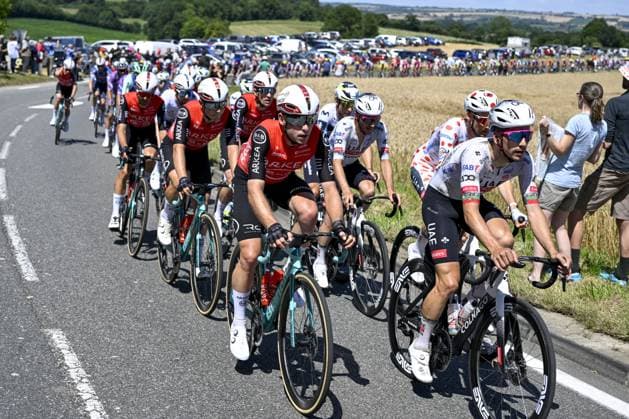 The pack of riders pictured in action during the fourth stage of the 2025 Tour de France cycling, Amien Metropole - Rouen (173 km), on Tuesday 08 July 2025 in France. The 112th edition of the Tour de France starts on Saturday 5 July in Lille, France, and will finish in Paris, France on the 27th of July. POOLxJANxDExMEULENEIR  x128697139x