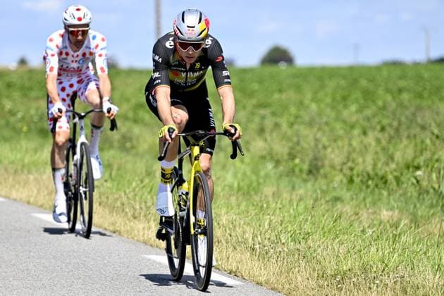Belgian Tim Wellens of UAE Team Emirates and Belgian Wout van Aert of Team Visma-Lease a Bike pictured in action during the fourth stage of the 2025 Tour de France cycling, Amien Metropole - Rouen (173 km), on Tuesday 08 July 2025 in France. The 112th edition of the Tour de France starts on Saturday 5 July in Lille, France, and will finish in Paris, France on the 27th of July. POOLxJANxDExMEULENEIR  x128697287x