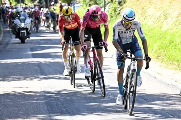 Norwegian Jonas Abrahamsen of Uno-X Mobility, Danish Kasper Asgreen of EF Education-EasyPost and French Lenny Martinez of Bahrain Victorious pictured in action during the fourth stage of the 2025 Tour de France cycling, Amien Metropole - Rouen (173 km), on Tuesday 08 July 2025 in France. The 112th edition of the Tour de France starts on Saturday 5 July in Lille, France, and will finish in Paris, France on the 27th of July. POOLxJANxDExMEULENEIR  x128705777x