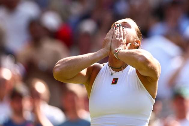 Aryna Sabalenka celebrates victory in her quarter final match Wimbledon Tennis Championships, Day 9, The All England Lawn Tennis and Croquet Club, London, UK - 08 Jul 2025London The All England Lawn Tennis and United Kingdom  Copyright: xJamesxMarsh Shutterstockx 15389336em