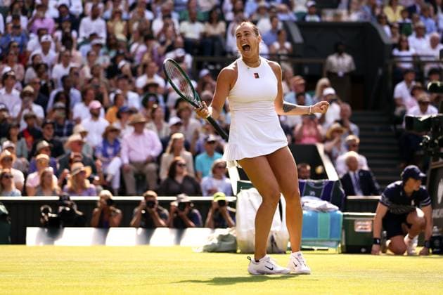 Aryna Sabalenka celebrates victory in her quarter final match Wimbledon Tennis Championships, Day 9, The All England Lawn Tennis and Croquet Club, London, UK - 08 Jul 2025London The All England Lawn Tennis and United Kingdom  Copyright: xEllaxLing Shutterstockx 15389337cm