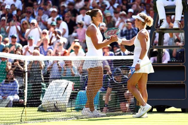 Aryna Sabalenka celebrates victory in her quarter final match against Laura Siegemund Wimbledon Tennis Championships, Day 9, The All England Lawn Tennis and Croquet Club, London, UK - 08 Jul 2025London The All England Lawn Tennis and United Kingdom  Copyright: xJamesxMarsh Shutterstockx 15389336et