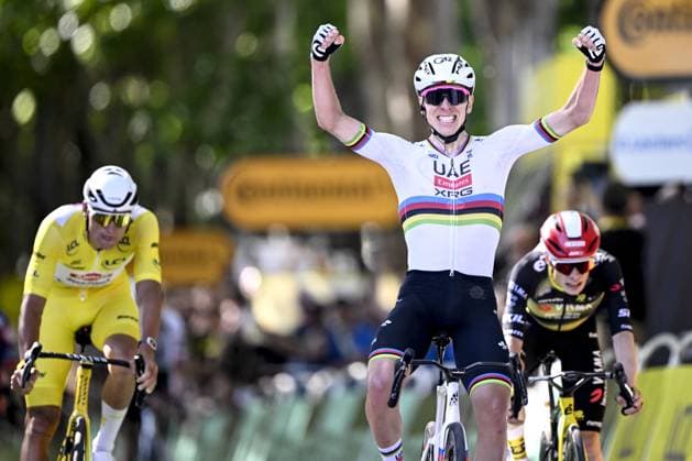 Slovenian Tadej Pogacar of UAE Team Emirates (C) celebrates as he wins before Dutch Mathieu van der Poel of Alpecin-Deceuninck (L) and Danish Jonas Vingegaard Hansen of Team Visma-Lease a Bike (R) the sprint at the finish of the fourth stage of the 2025 Tour de France cycling, Amien Metropole - Rouen (173 km), on Tuesday 08 July 2025 in France. The 112th edition of the Tour de France starts on Saturday 5 July in Lille, France, and will finish in Paris, France on the 27th of July. JASPERxJACOBS  x128709981x
