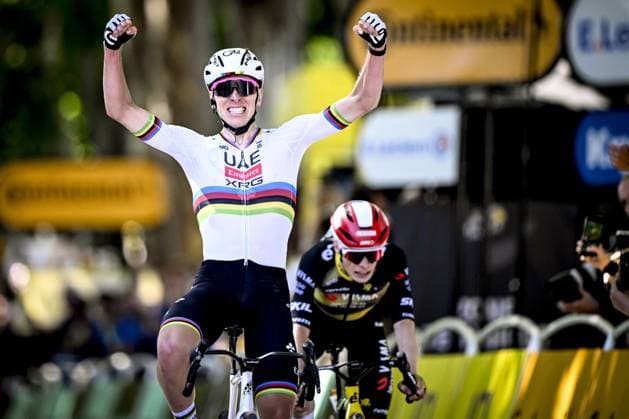 Slovenian Tadej Pogacar of UAE Team Emirates celebrates as he crosses the finish line to win the fourth stage of the 2025 Tour de France cycling, Amien Metropole - Rouen (173 km), on Tuesday 08 July 2025 in France. The 112th edition of the Tour de France starts on Saturday 5 July in Lille, France, and will finish in Paris, France on the 27th of July. JASPERxJACOBS  x128710072x