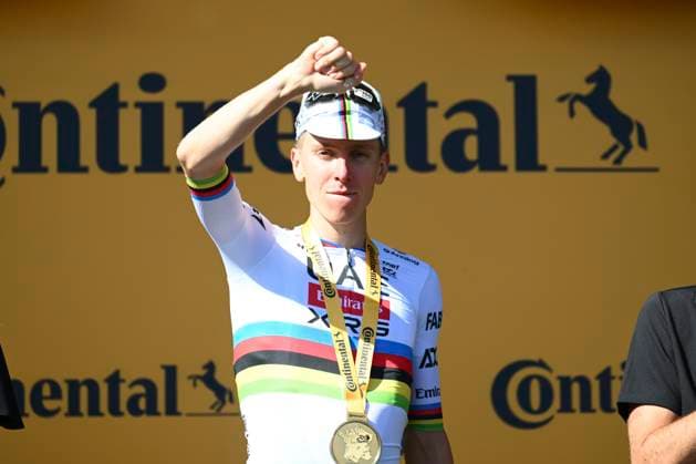 Tour de France 2025 Stage 4 ROUEN, FRANCE - JULY 08 : Pogacar Tadej (SLO) of UAE Team Emirates pictured during the podium ceremony of stage 4 of the 112th edition of Tour de France an UCI World Tour 2.UWT cycling road race stage for Men Elite of 173 km with start in Amiens Metropole and finish in Rouen on July 8, 2025 in Rouen, France, 08 07 2025 ( Motordriver Kenny Verfaillie - Rouen France  Copyright: xVincentxKalutx