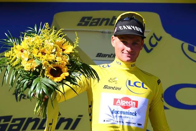 Tour de France 2025 Stage 4 ROUEN, FRANCE - JULY 08 : Van der Poel Mathieu (NED) of Alpecin - Deceuninck pictured with the yellow jersey during the podium ceremony of stage 4 of the 112th edition of Tour de France an UCI World Tour 2.UWT cycling road race stage for Men Elite of 173 km with start in Amiens Metropole and finish in Rouen on July 8, 2025 in Rouen, France, 08 07 2025 ( Motordriver Kenny Verfaillie - Rouen France  Copyright: xVincentxKalutx