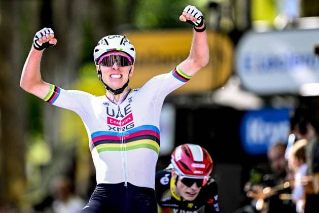 Slovenian Tadej Pogacar of UAE Team Emirates celebrates as he crosses the finish line to win the fourth stage of the 2025 Tour de France cycling, Amien Metropole - Rouen (173 km), on Tuesday 08 July 2025 in France. The 112th edition of the Tour de France starts on Saturday 5 July in Lille, France, and will finish in Paris, France on the 27th of July. JASPERxJACOBS  x128710776x