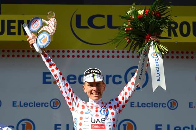 Tour de France 2025 Stage 4 ROUEN, FRANCE - JULY 08 : Pogacar Tadej (SLO) of UAE Team Emirates pictured with the polka dot jersey during the podium ceremony of stage 4 of the 112th edition of Tour de France an UCI World Tour 2.UWT cycling road race stage for Men Elite of 173 km with start in Amiens Metropole and finish in Rouen on July 8, 2025 in Rouen, France, 08 07 2025 ( Motordriver Kenny Verfaillie - Rouen France  Copyright: xVincentxKalutx