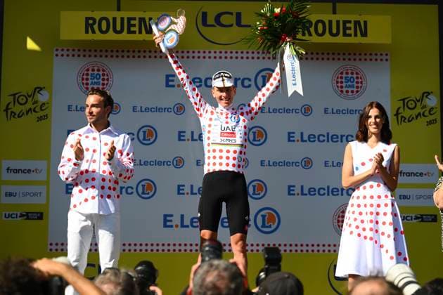 Tour de France 2025 Stage 4 ROUEN, FRANCE - JULY 08 : Pogacar Tadej (SLO) of UAE Team Emirates pictured with the polka dot jersey during the podium ceremony of stage 4 of the 112th edition of Tour de France an UCI World Tour 2.UWT cycling road race stage for Men Elite of 173 km with start in Amiens Metropole and finish in Rouen on July 8, 2025 in Rouen, France, 08 07 2025 ( Motordriver Kenny Verfaillie - Rouen France  Copyright: xVincentxKalutx