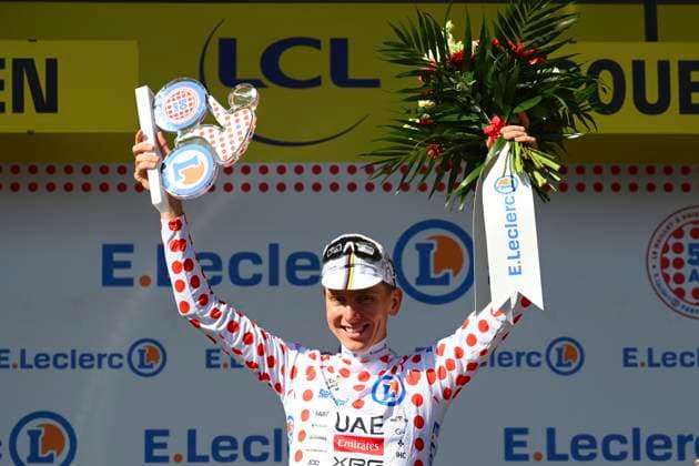 Tour de France 2025 Stage 4 ROUEN, FRANCE - JULY 08 : Pogacar Tadej (SLO) of UAE Team Emirates pictured with the polka dot jersey during the podium ceremony of stage 4 of the 112th edition of Tour de France an UCI World Tour 2.UWT cycling road race stage for Men Elite of 173 km with start in Amiens Metropole and finish in Rouen on July 8, 2025 in Rouen, France, 08 07 2025 ( Motordriver Kenny Verfaillie - Rouen France  Copyright: xVincentxKalutx