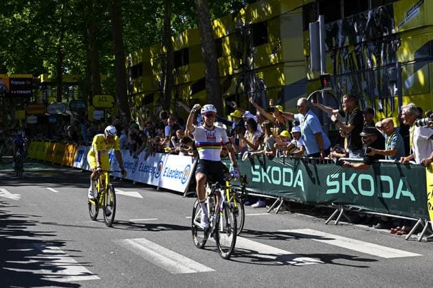 Slovenian Tadej Pogacar of UAE Team Emirates celebrates after winning the fourth stage of the 2025 Tour de France cycling, Amien Metropole - Rouen (173 km), on Tuesday 08 July 2025 in France. The 112th edition of the Tour de France starts on Saturday 5 July in Lille, France, and will finish in Paris, France on the 27th of July. JASPERxJACOBS  x128710876x