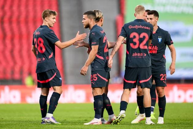 250708 Hugo Bolin and Gabriel Busanello celebrate after 0 1 during the UEFA Champions League qualifier football match between FC Iberia 1999 and Malmö FF on July 8, 2025 in Tbilisi Photo Petter Arvidson BILDBYRAN kod PA PA1053 fotboll football soccer fotball uefa champions league champions league fc iberia malmö ff bbeng kval jubel  Copyright: PETTERxARVIDSON BB250708PA074