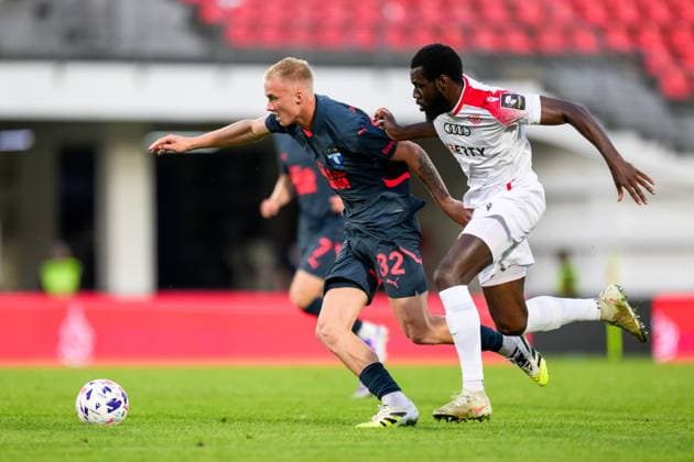 250708 Daniel Gudjohnsen of Malmö FF and Dhoraso Moreo Klas of FC Iberia during the UEFA Champions League qualifier football match between FC Iberia 1999 and Malmö FF on July 8, 2025 in Tbilisi Photo Petter Arvidson BILDBYRAN kod PA PA1053 fotboll, football, soccer, fotball,uefa champions league, champi  Copyright: PETTERxARVIDSON BB250708PA078