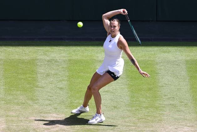 Aryna Sabalenka, BLR, during quarterfinal match against Siegemund, GER of 2025 All England Lawn Tennis Championships at Wimbledon, womens singles, London, 08 07 2025