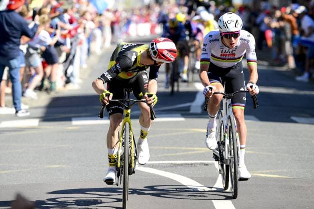 Danish Jonas Vingegaard Hansen of Team Visma-Lease a Bike and Slovenian Tadej Pogacar of UAE Team Emirates pictured in action during the fourth stage of the 2025 Tour de France cycling, Amien Metropole - Rouen (173 km), on Tuesday 08 July 2025 in France. The 112th edition of the Tour de France starts on Saturday 5 July in Lille, France, and will finish in Paris, France on the 27th of July. POOLxBERNARDxPAPON  x128713590x