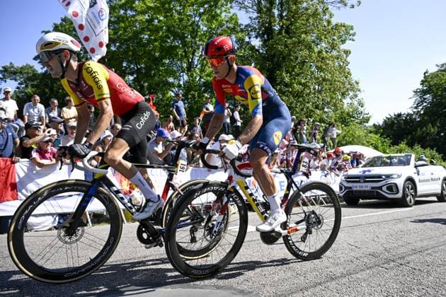 German Emanuel Buchmann of Cofidis and Belgian Thibau Nys of Lidl-Trek pictured in action during the fourth stage of the 2025 Tour de France cycling, Amien Metropole - Rouen (173 km), on Tuesday 08 July 2025 in France. The 112th edition of the Tour de France starts on Saturday 5 July in Lille, France, and will finish in Paris, France on the 27th of July. POOLxJANxDExMEULENEIR  x128713961x