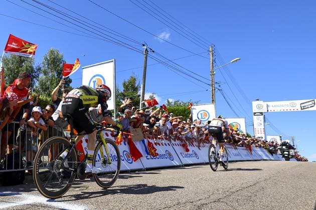 Danish Jonas Vingegaard Hansen of Team Visma-Lease a Bike and Slovenian Tadej Pogacar of UAE Team Emirates pictured in action during the fourth stage of the 2025 Tour de France cycling, Amien Metropole - Rouen (173 km), on Tuesday 08 July 2025 in France. The 112th edition of the Tour de France starts on Saturday 5 July in Lille, France, and will finish in Paris, France on the 27th of July. DAVIDxPINTENS  x128714186x