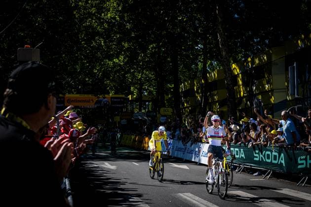 Dutch Mathieu van der Poel of Alpecin-Deceuninck, Danish Jonas Vingegaard Hansen of Team Visma-Lease a Bike and Slovenian Tadej Pogacar of UAE Team Emirates crosses the finish line to win the fourth stage of the 2025 Tour de France cycling, Amien Metropole - Rouen (173 km), on Tuesday 08 July 2025 in France. The 112th edition of the Tour de France starts on Saturday 5 July in Lille, France, and will finish in Paris, France on the 27th of July. JASPERxJACOBS  x128715166x