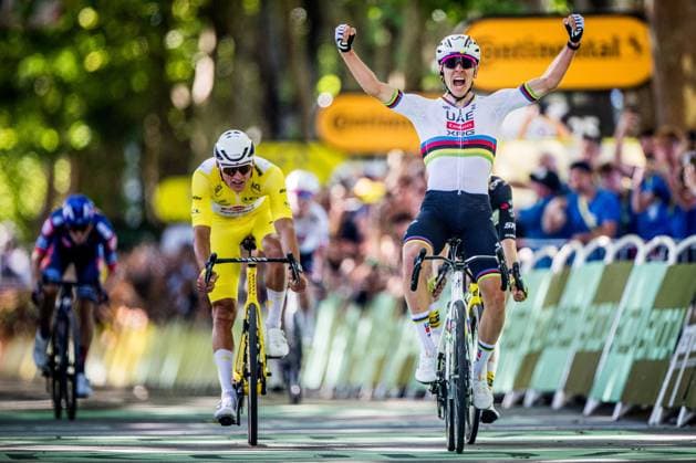 Slovenian Tadej Pogacar of UAE Team Emirates celebrates as he crosses the finish line to win the fourth stage of the 2025 Tour de France cycling, Amien Metropole - Rouen (173 km), on Tuesday 08 July 2025 in France. The 112th edition of the Tour de France starts on Saturday 5 July in Lille, France, and will finish in Paris, France on the 27th of July. JASPERxJACOBS  x128715303x