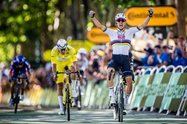 Slovenian Tadej Pogacar of UAE Team Emirates celebrates as he crosses the finish line to win the fourth stage of the 2025 Tour de France cycling, Amien Metropole - Rouen (173 km), on Tuesday 08 July 2025 in France. The 112th edition of the Tour de France starts on Saturday 5 July in Lille, France, and will finish in Paris, France on the 27th of July. JASPERxJACOBS  x128715311x