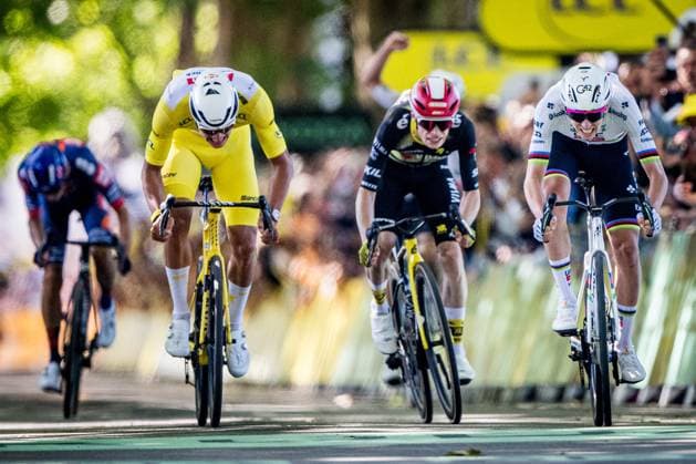 Dutch Mathieu van der Poel of Alpecin-Deceuninck, Danish Jonas Vingegaard Hansen of Team Visma-Lease a Bike and Slovenian Tadej Pogacar of UAE Team Emirates sprint to the finish of the fourth stage of the 2025 Tour de France cycling, Amien Metropole - Rouen (173 km), on Tuesday 08 July 2025 in France. The 112th edition of the Tour de France starts on Saturday 5 July in Lille, France, and will finish in Paris, France on the 27th of July. JASPERxJACOBS  x128715338x