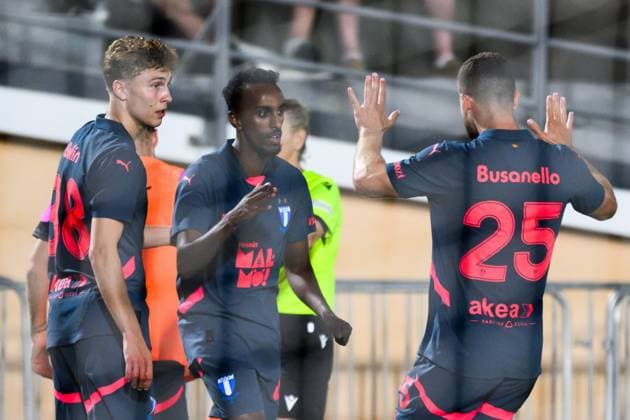 250708 Hugo Bolin, Taha Ali, and Gabriel Busanello of Malmö FF celebrate after 0 3 during the UEFA Champions League qualifier football match between FC Iberia 1999 and Malmö FF on July 8, 2025 in Tbilisi Photo Petter Arvidson BILDBYRAN kod PA PA1053 fotboll football soccer fotball uefa champions league champions league fc iberia malmö ff bbeng kval bbauto jubel  Copyright: PETTERxARVIDSON BB250708PA132