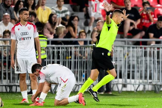 250708 Referee Igor Stojchevski overturns FC Iberia penalty after a VAR review during the UEFA Champions League qualifier football match between FC Iberia 1999 and Malmö FF on July 8, 2025 in Tbilisi Photo Petter Arvidson BILDBYRAN kod PA PA1053 fotboll football soccer fotball uefa champions league champions league fc iberia malmö ff bbeng kval  Copyright: PETTERxARVIDSON BB250708PA140