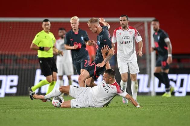 UEFA Champions League, first qualifying round. FC Iberia (GEO) - FC Malmo (SWE) UEFA Champions League, first qualifying round, first leg: FC Iberia (GEO) - FC Malmo (SWE). Iva Gelashvili ( 3 FC Iberia), Daniel Gudjohsen ( 32 FC Malmö). 8th of July, 2025. Tbilisi, Georgia, Mikheil Meskhi stadium Tbilisi Mikheil Meskhi stadium Georgia Copyright: xTamunaxKulumbegashvilix KUL_4363