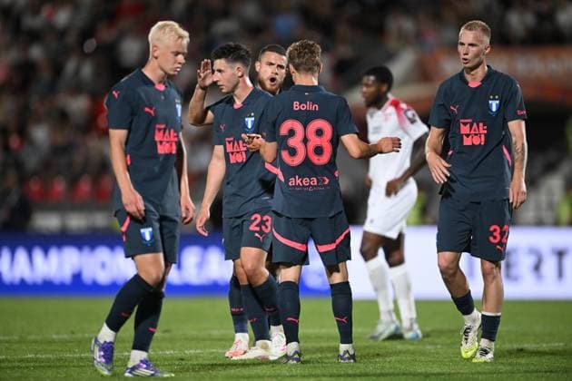 UEFA Champions League, first qualifying round. FC Iberia (GEO) - FC Malmo (SWE) UEFA Champions League, first qualifying round, first leg: FC Iberia (GEO) - FC Malmo (SWE). Lasse Berg Johnsen ( 23 FC Malmö), Gabriel Busanello ( 25 FC Malmö), Hugo Bolin ( 38 FC Malmö),Daniel Gudjohsen ( 32 FC Malmö). 8th of July, 2025. Tbilisi, Georgia, Mikheil Meskhi stadium Tbilisi Mikheil Meskhi stadium Georgia Copyright: xTamunaxKulumbegashvilix KUL_4511